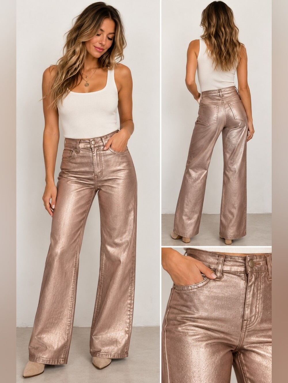 PAIGE Leenah Rose Gold Metallic High Rise Wide Leg Jeans Size 32